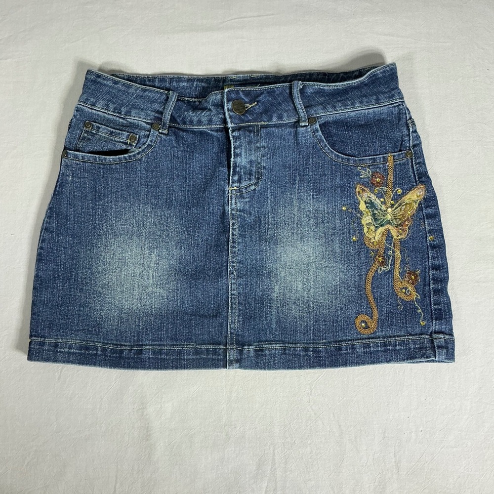 Joujou Butterfly Embroidered Denim Mini Skirt Medium Wash Blue Y2K Size 9/10